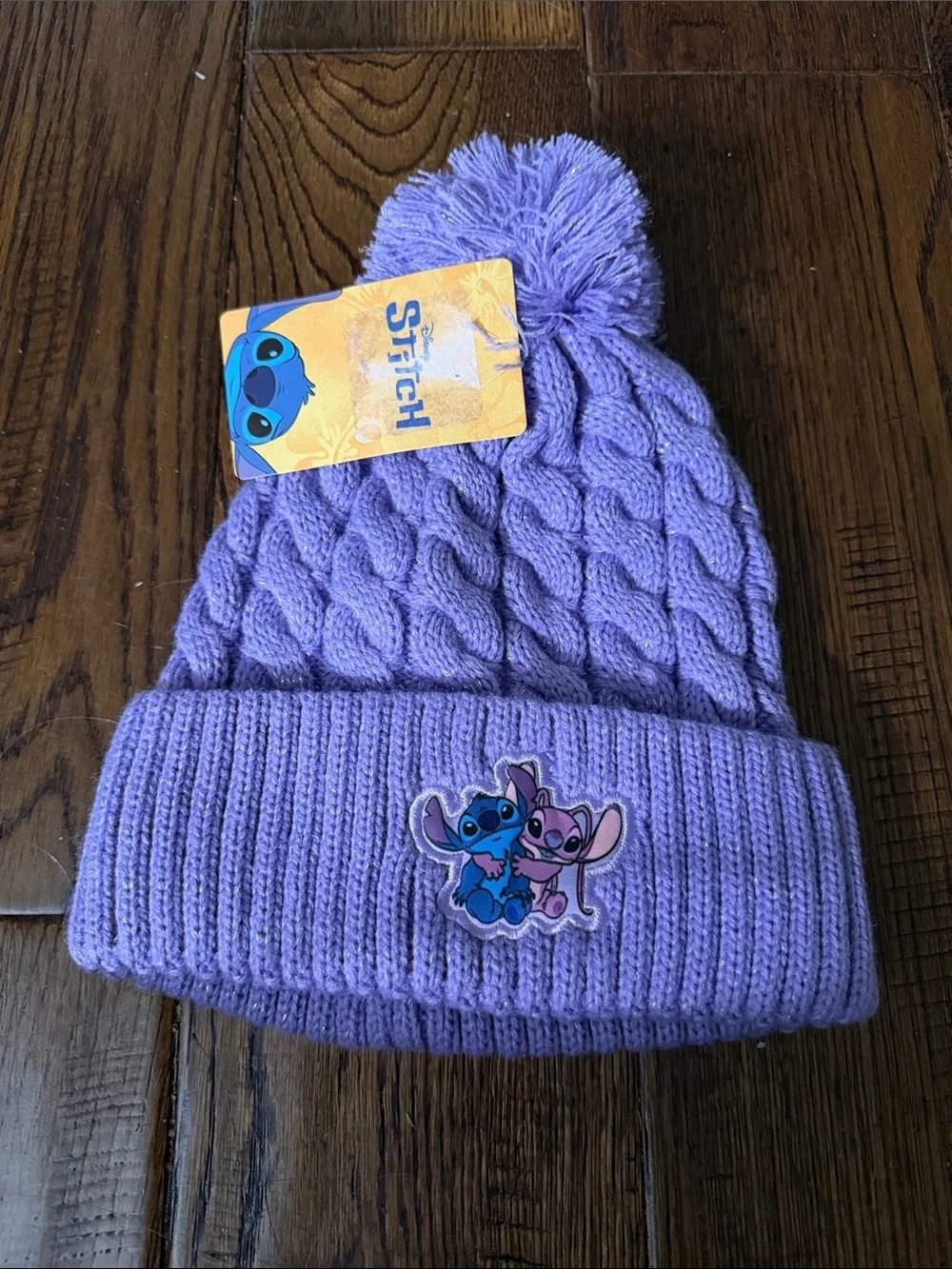 NWT Disney Lilac Cable Knit Pom Beanie with Stitch Patch One Size